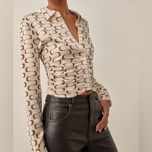 New Reformation Kendall Top in Frequency Print Silk Button Down Shirt